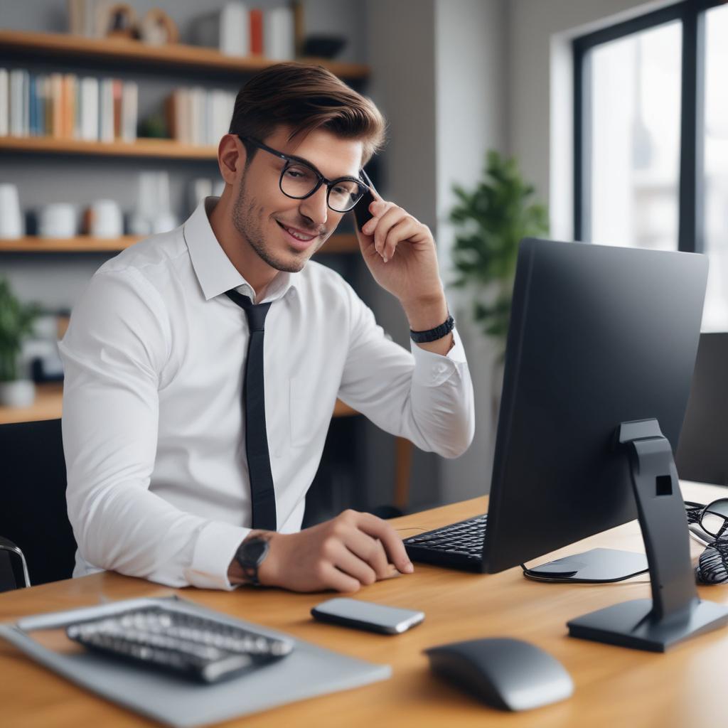 Professional salesperson making calls and working on computer